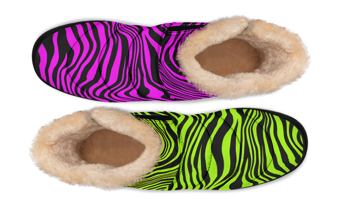 Green and Fuchsia Mismatched Neon Zebra Faux Fur Ankle Boots
