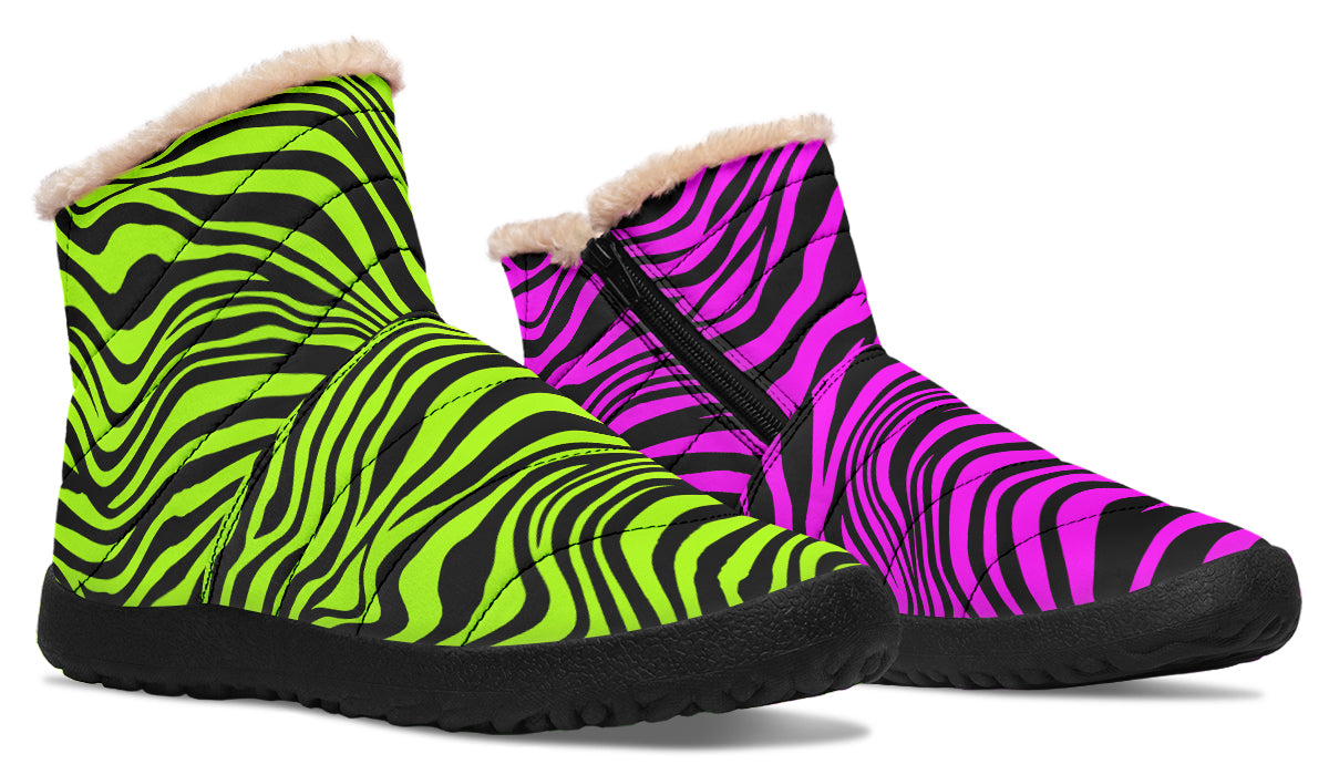 Green and Fuchsia Mismatched Neon Zebra Faux Fur Ankle Boots