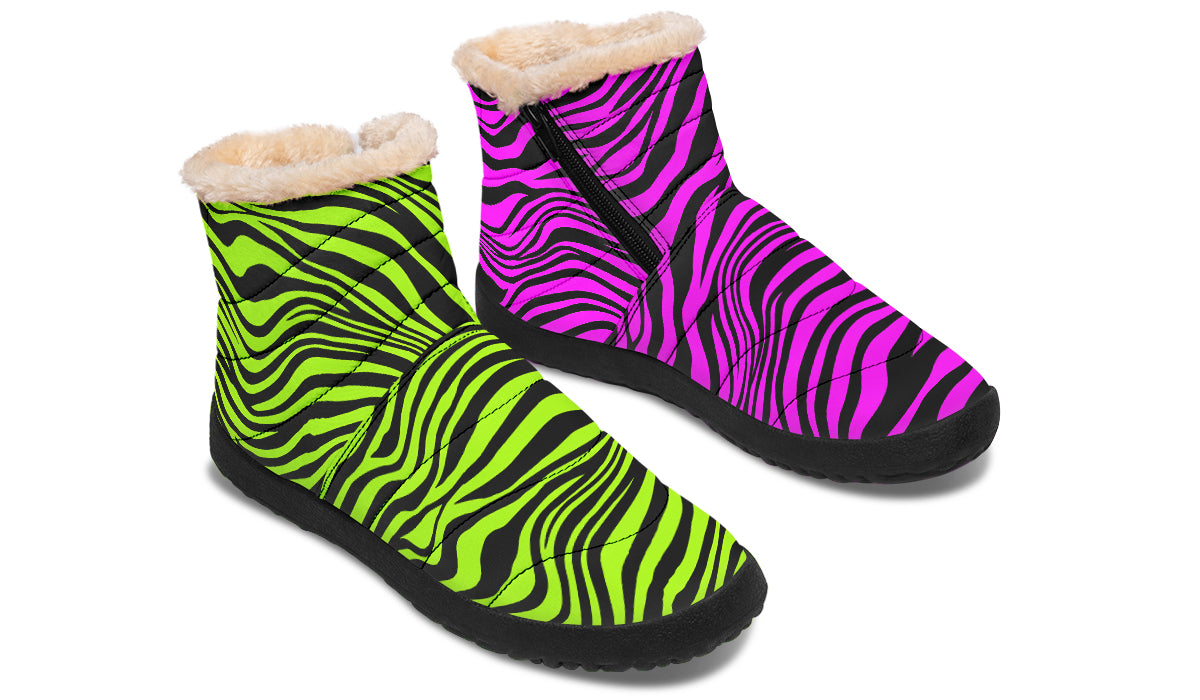 Green and Fuchsia Mismatched Neon Zebra Faux Fur Ankle Boots