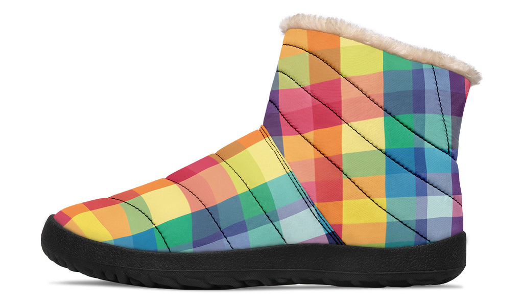 Happy Rainbow Plaid Faux Fur Ankle Boots