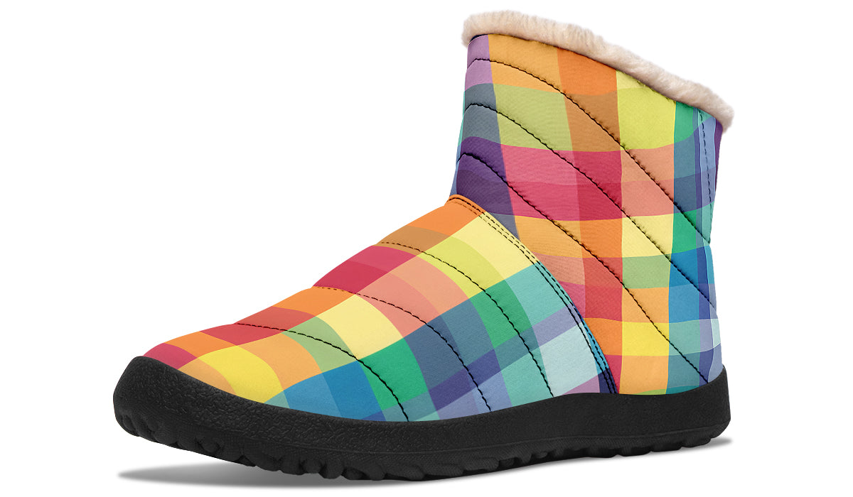 Happy Rainbow Plaid Faux Fur Ankle Boots