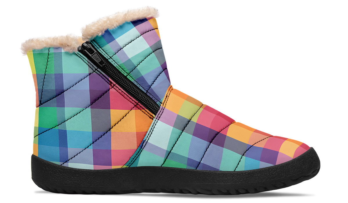 Happy Rainbow Plaid Faux Fur Ankle Boots