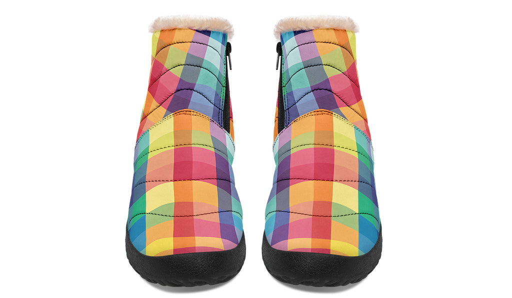 Happy Rainbow Plaid Faux Fur Ankle Boots