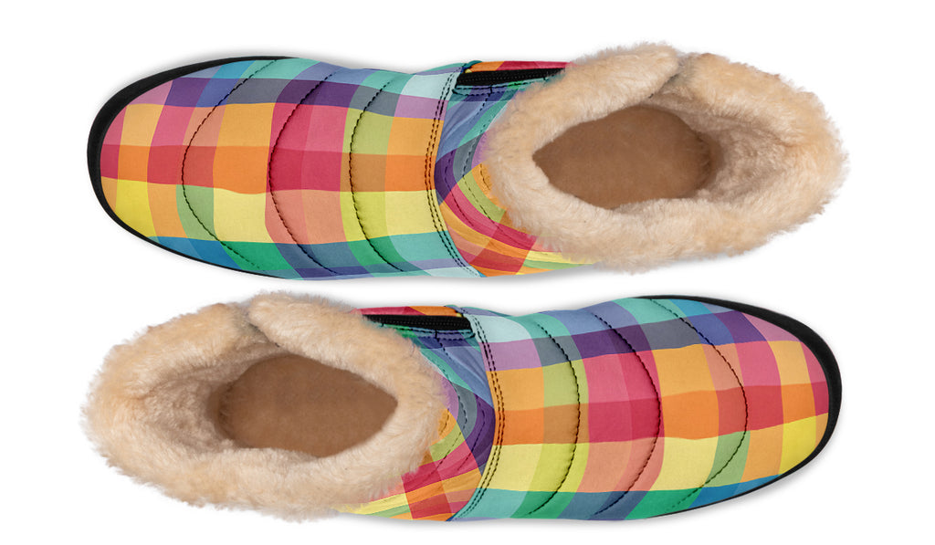 Happy Rainbow Plaid Faux Fur Ankle Boots