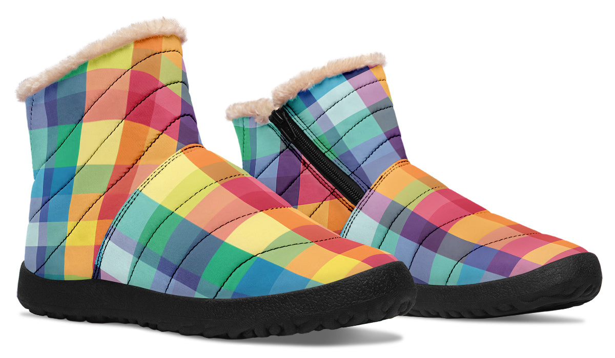 Happy Rainbow Plaid Faux Fur Ankle Boots