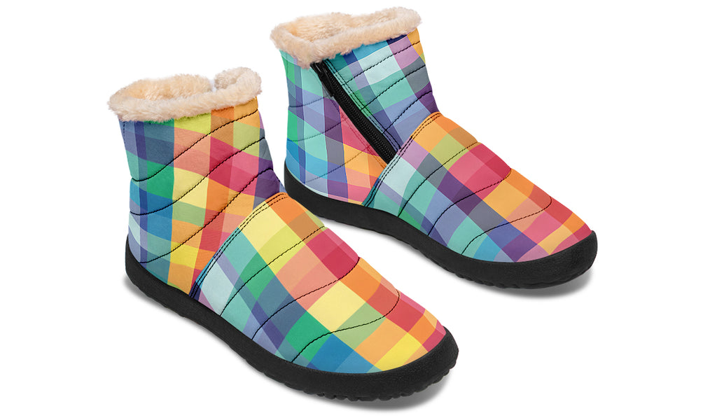 Happy Rainbow Plaid Faux Fur Ankle Boots