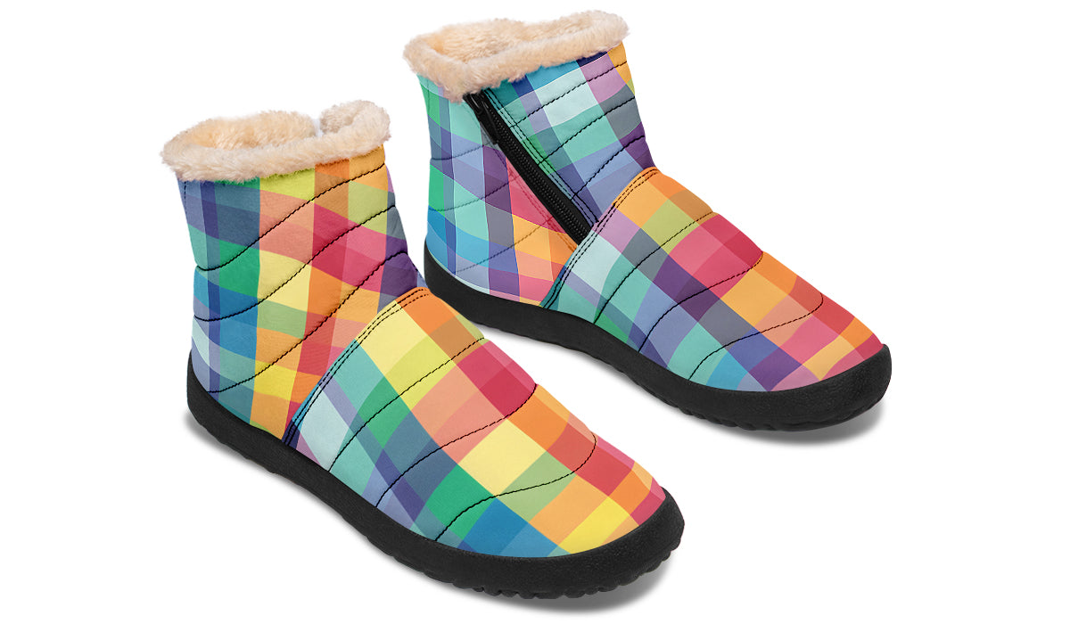 Happy Rainbow Plaid Faux Fur Ankle Boots