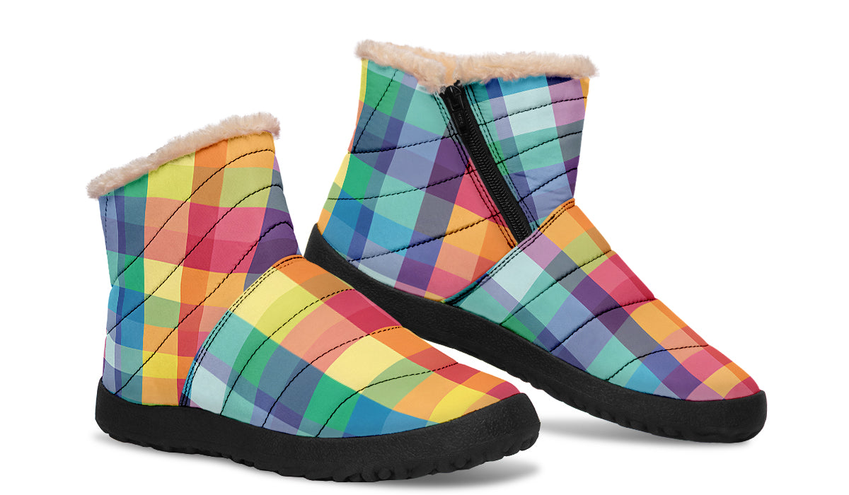 Happy Rainbow Plaid Faux Fur Ankle Boots