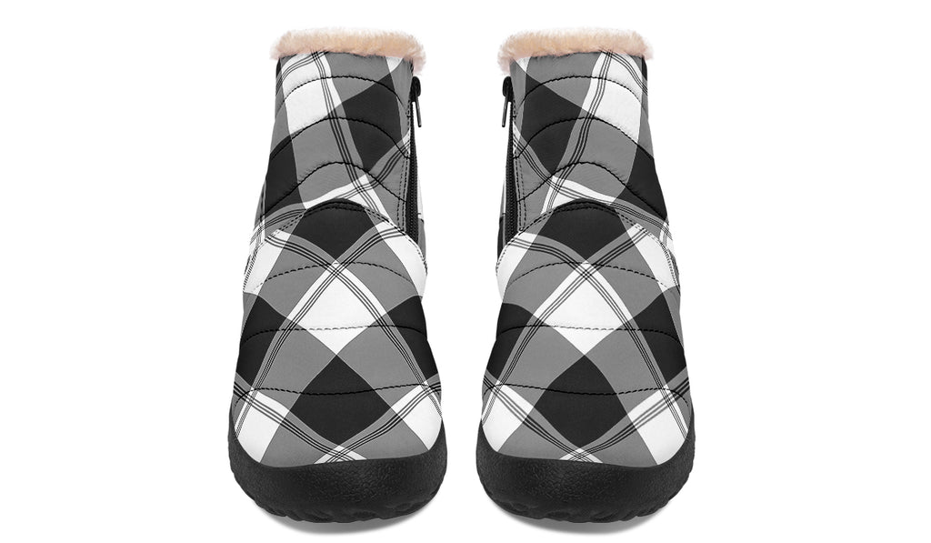 Black And White Plaid Faux Fur Ankle Boots