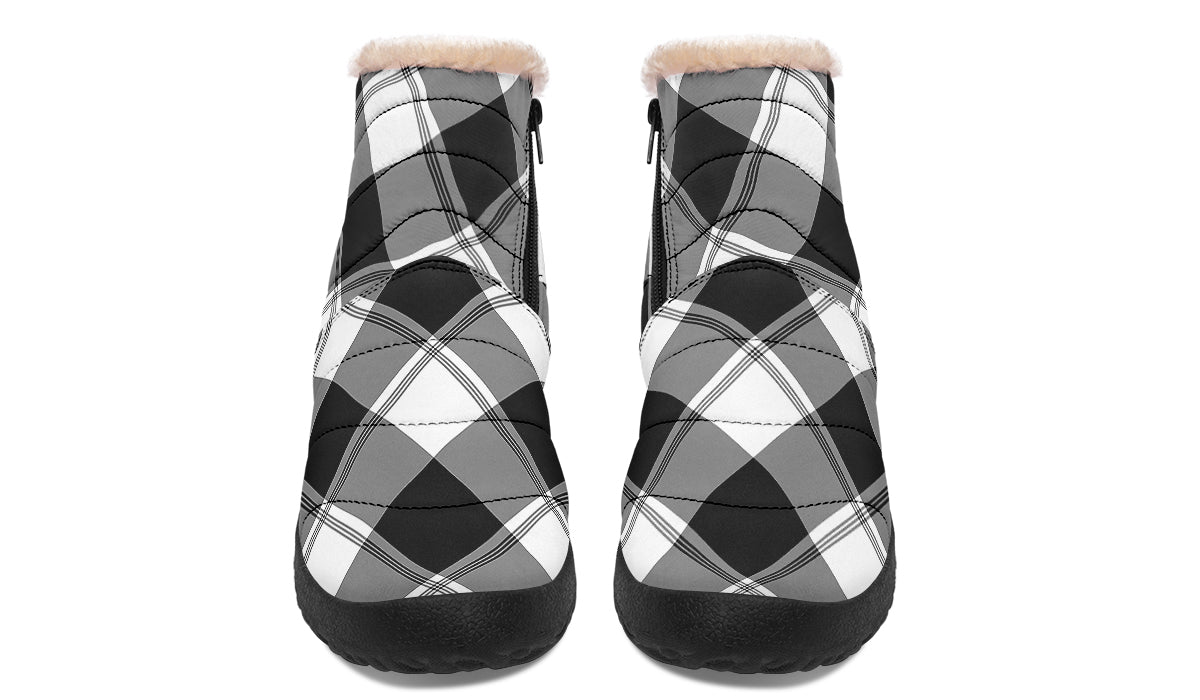 Black And White Plaid Faux Fur Ankle Boots