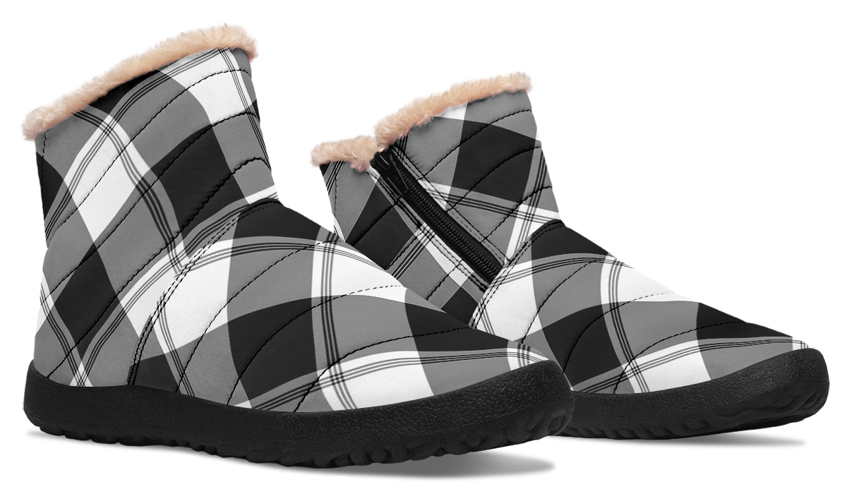 Black And White Plaid Faux Fur Ankle Boots