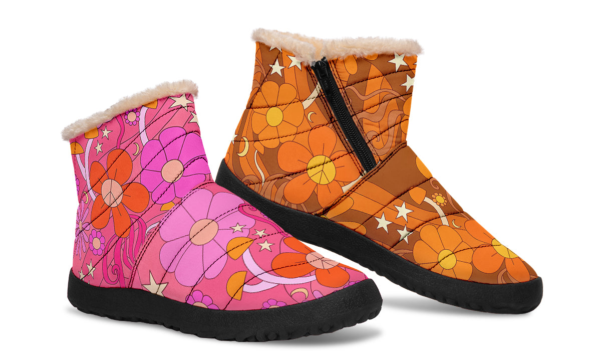 Molly's Mismatched Retro Daisies Faux Fur Ankle Boots