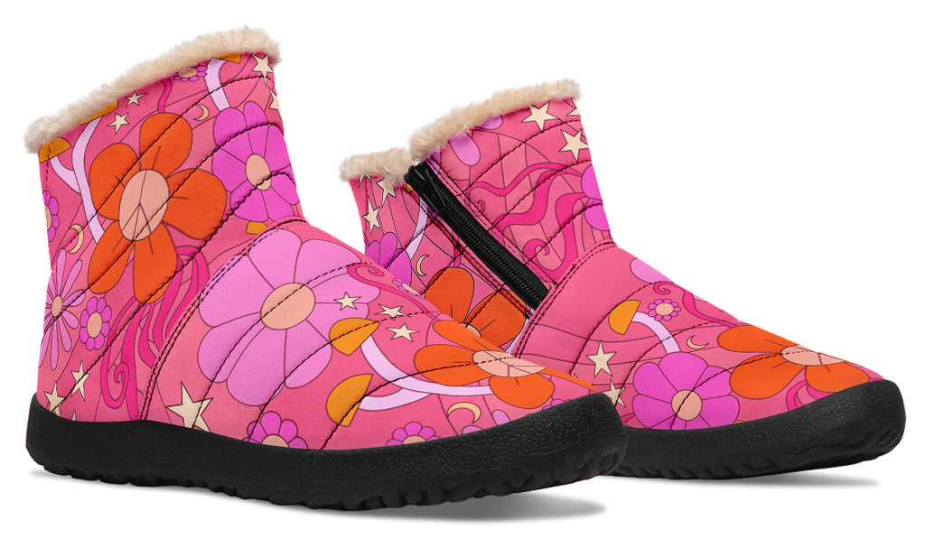 Molly's Pink Retro Daisies Faux Fur Ankle Boots