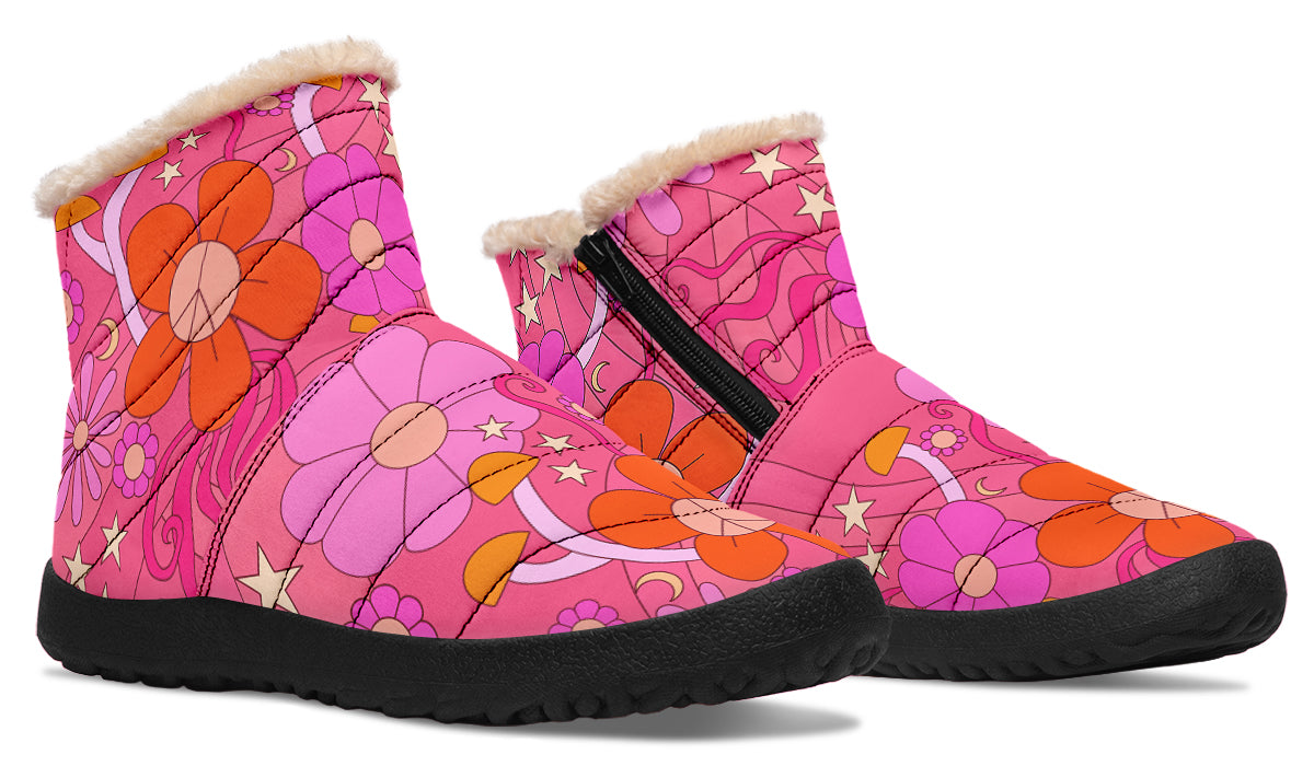 Molly's Pink Retro Daisies Faux Fur Ankle Boots