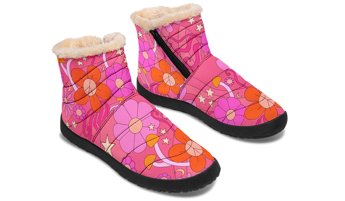 Molly's Pink Retro Daisies Faux Fur Ankle Boots