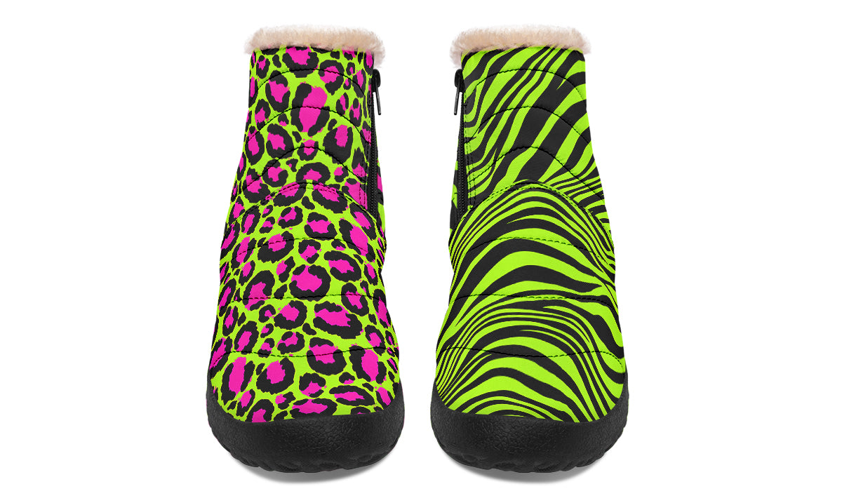 Neon Leopard x Neon Zebra Green Mismatch Faux Fur Ankle Boots
