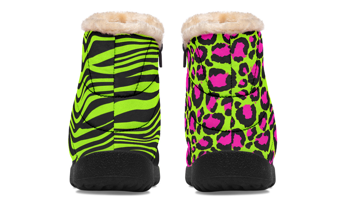 Neon Leopard x Neon Zebra Green Mismatch Faux Fur Ankle Boots