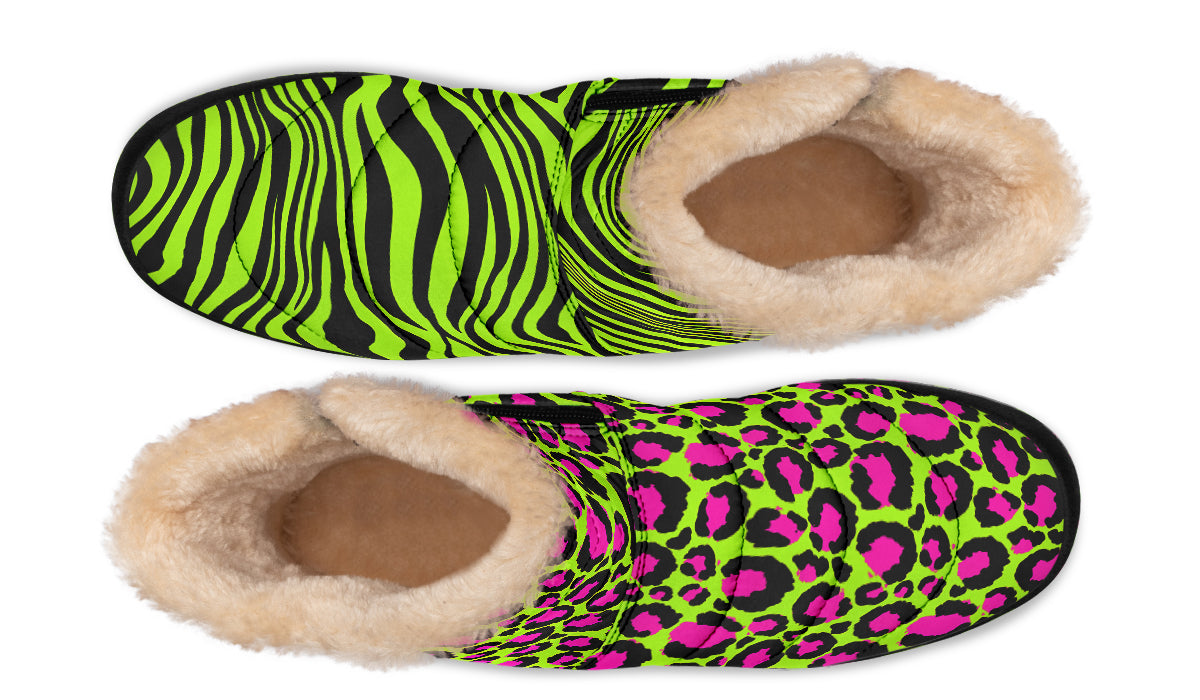 Neon Leopard x Neon Zebra Green Mismatch Faux Fur Ankle Boots