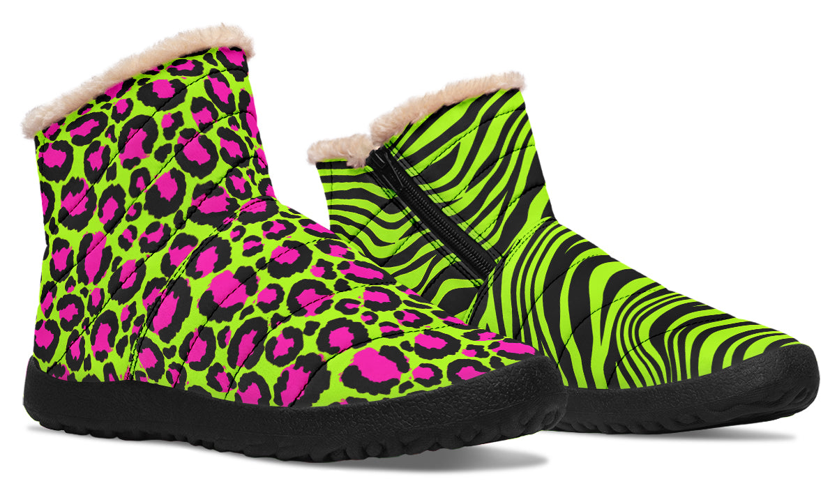 Neon Leopard x Neon Zebra Green Mismatch Faux Fur Ankle Boots