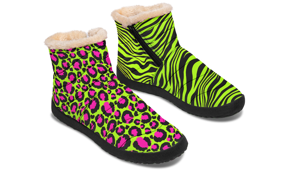 Neon Leopard x Neon Zebra Green Mismatch Faux Fur Ankle Boots