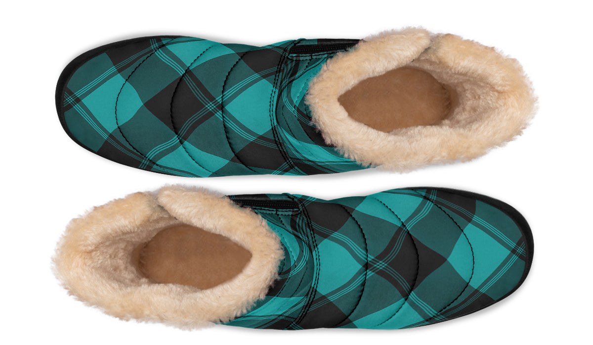 Pennyroyal Teal Plaid Faux Fur Ankle Boots