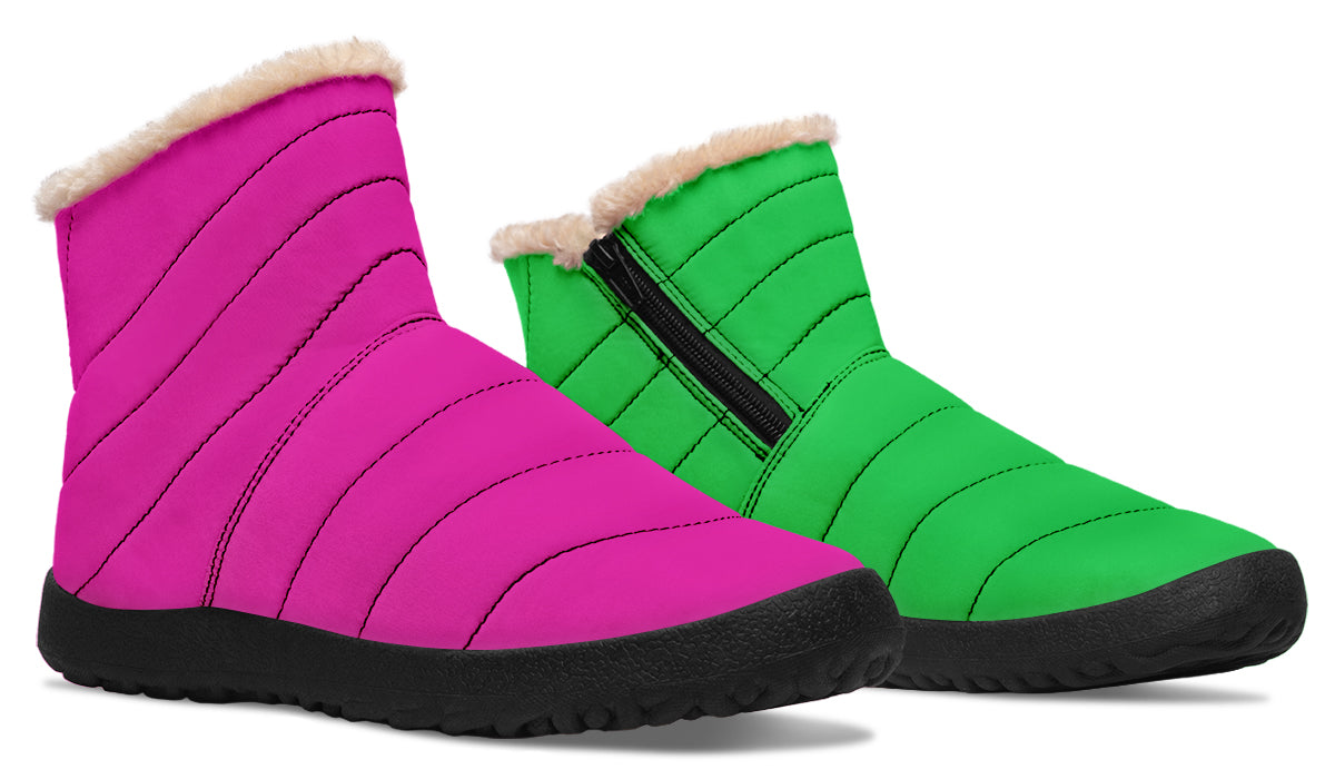 Pink And Green Mismatch Faux Fur Ankle Boots