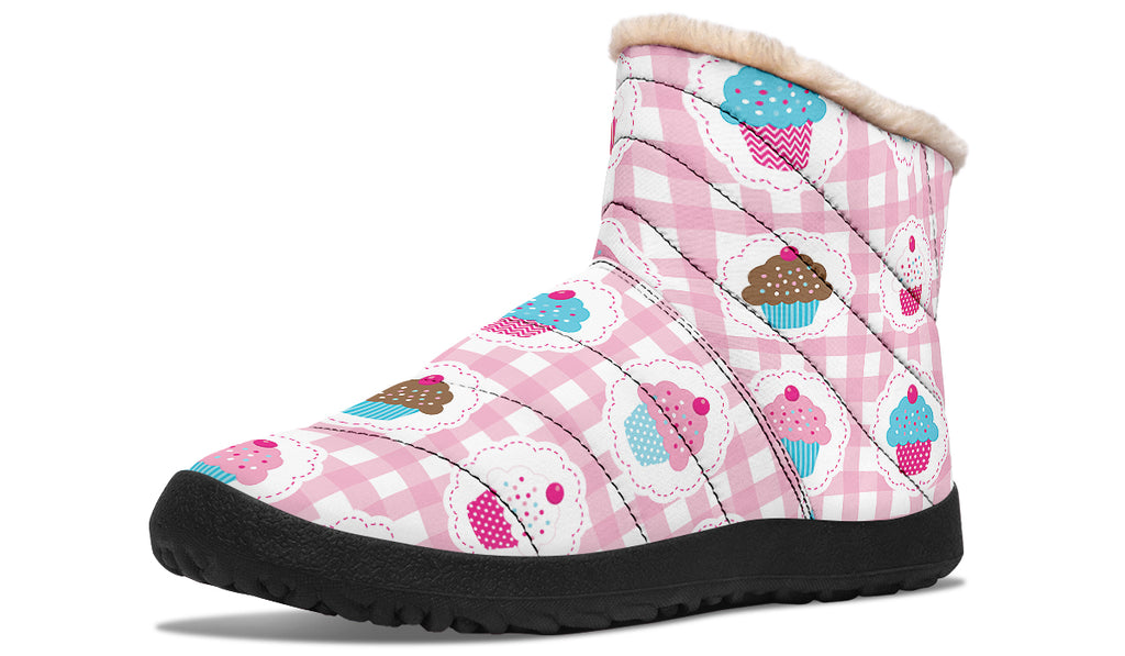 Pink And Yellow Mismatch Gingham Cupcakes Faux Fur Ankle Boots