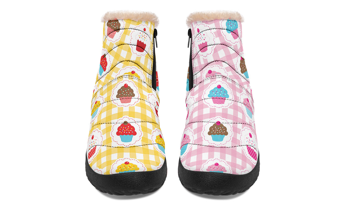 Pink And Yellow Mismatch Gingham Cupcakes Faux Fur Ankle Boots