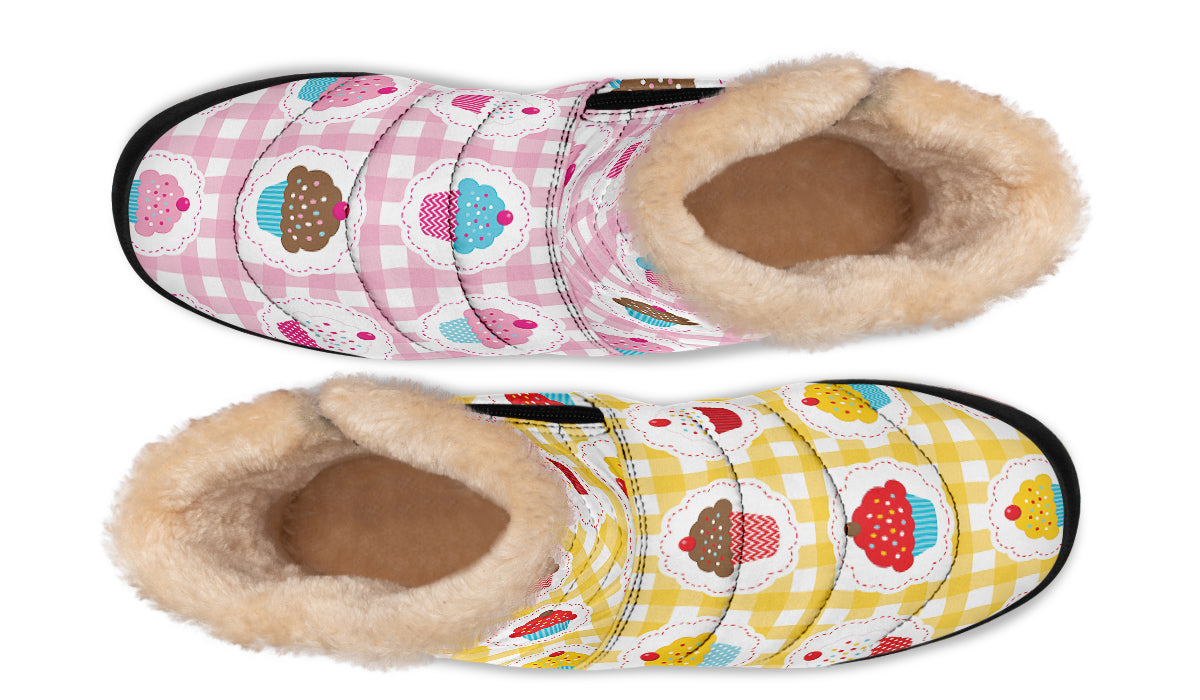 Pink And Yellow Mismatch Gingham Cupcakes Faux Fur Ankle Boots