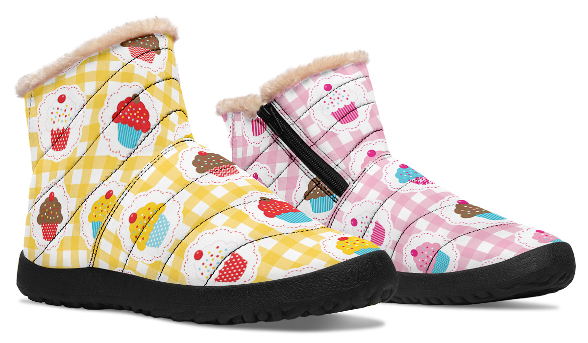Pink And Yellow Mismatch Gingham Cupcakes Faux Fur Ankle Boots