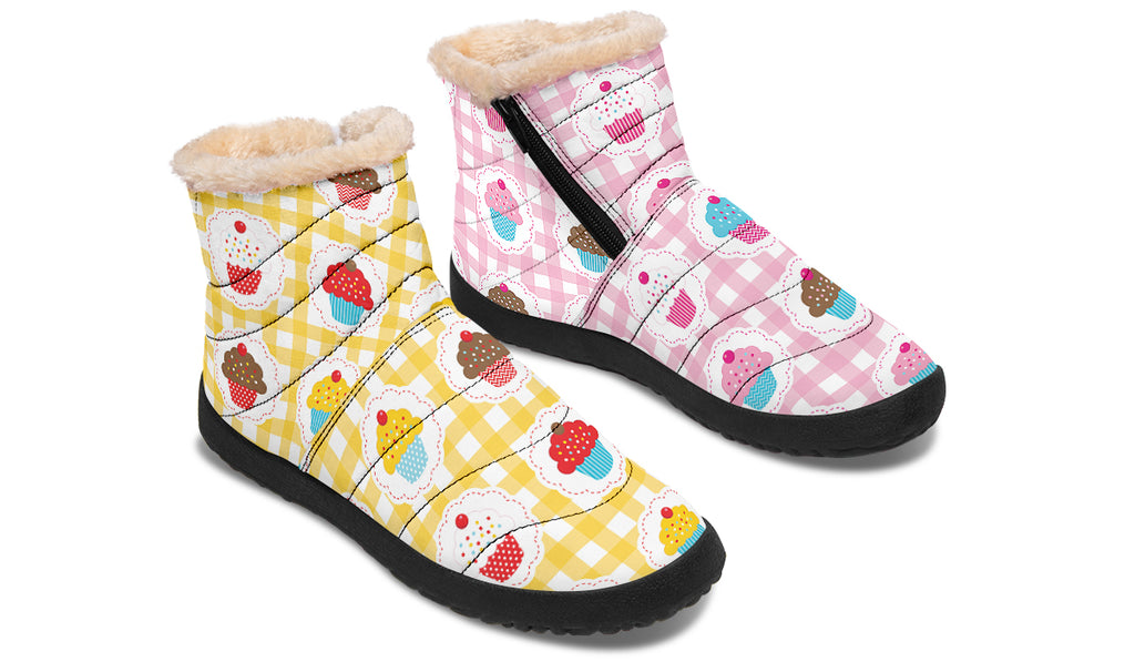 Pink And Yellow Mismatch Gingham Cupcakes Faux Fur Ankle Boots