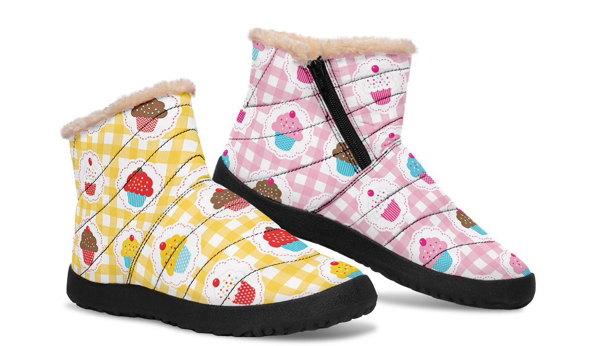 Pink And Yellow Mismatch Gingham Cupcakes Faux Fur Ankle Boots