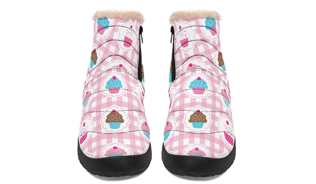 Pink Gingham Cupcakes Faux Fur Ankle Boots