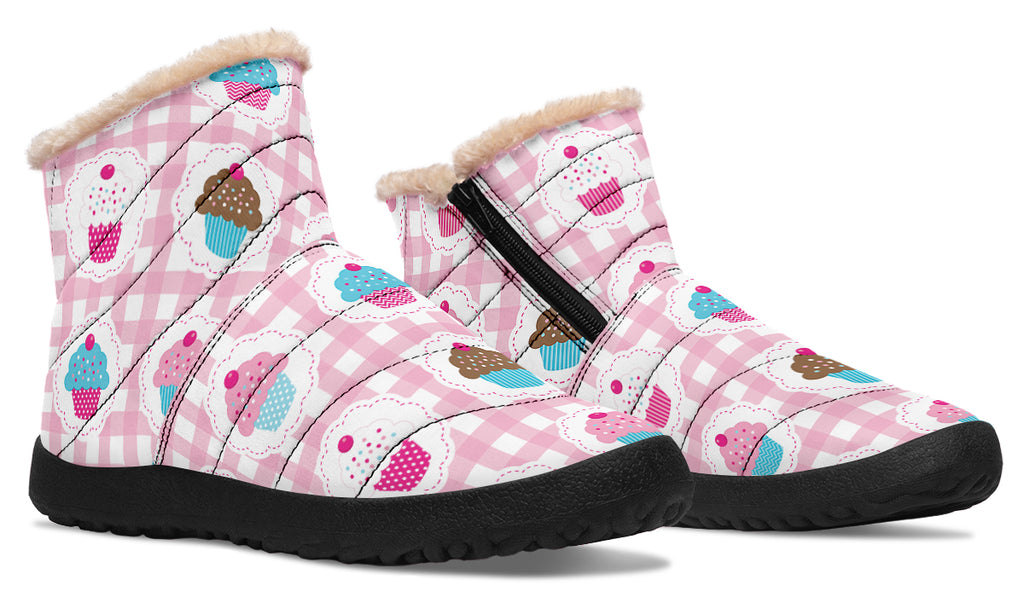 Pink Gingham Cupcakes Faux Fur Ankle Boots