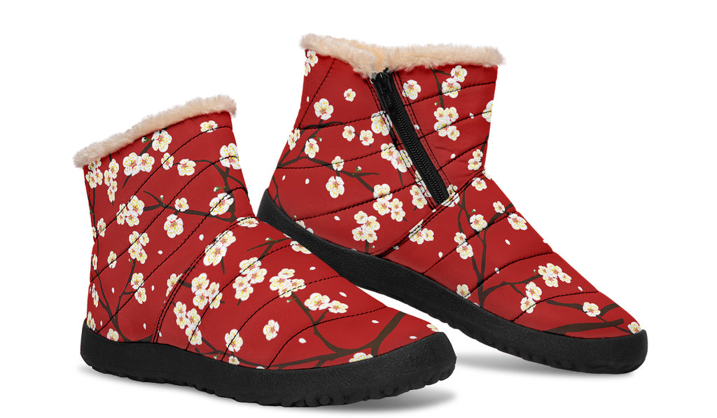 Plum Blossoms Faux Fur Ankle Boots Black Sole Offbeat Sweetie