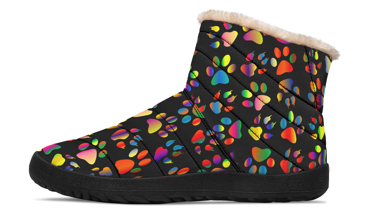 Rainbow Paw Prints Faux Fur Ankle Boots
