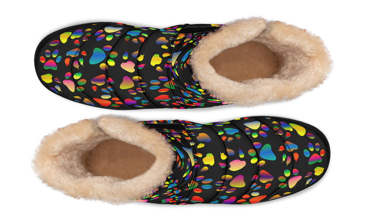 Rainbow Paw Prints Faux Fur Ankle Boots