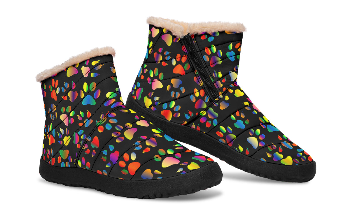 Rainbow Paw Prints Faux Fur Ankle Boots