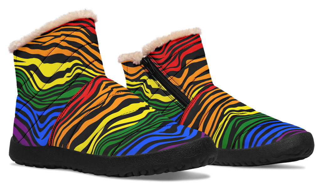 Rainbow Zebra Faux Fur Ankle Boots