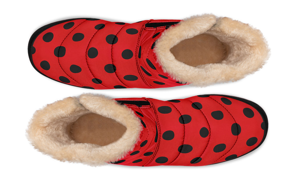 Red And Black Polka Dot Faux Fur Ankle Boots