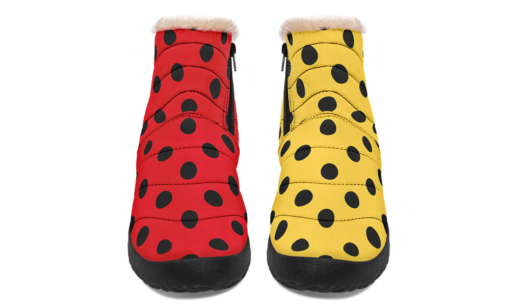 Red And Yellow Mismatched Black Polka Dot Faux Fur Ankle Boots
