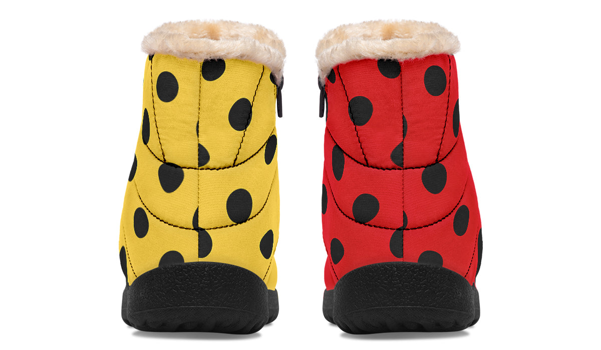 Red And Yellow Mismatched Black Polka Dot Faux Fur Ankle Boots
