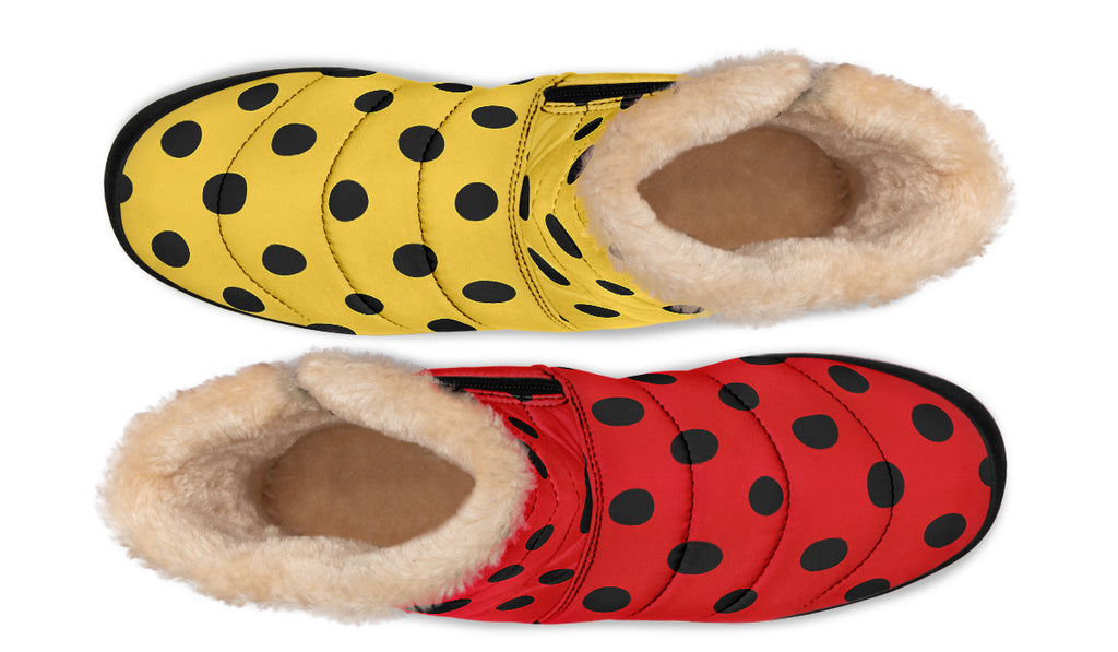 Red And Yellow Mismatched Black Polka Dot Faux Fur Ankle Boots