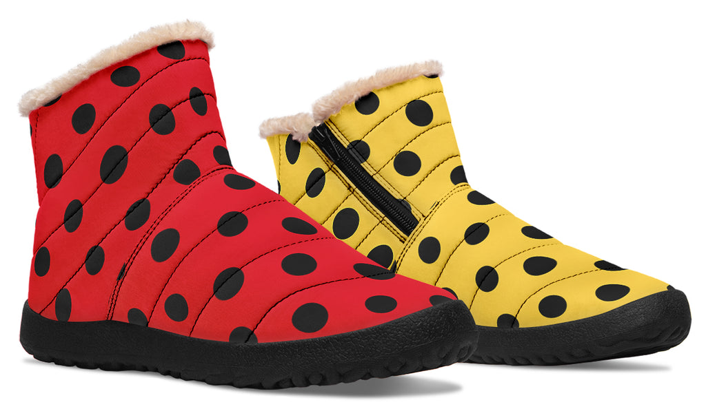 Red And Yellow Mismatched Black Polka Dot Faux Fur Ankle Boots