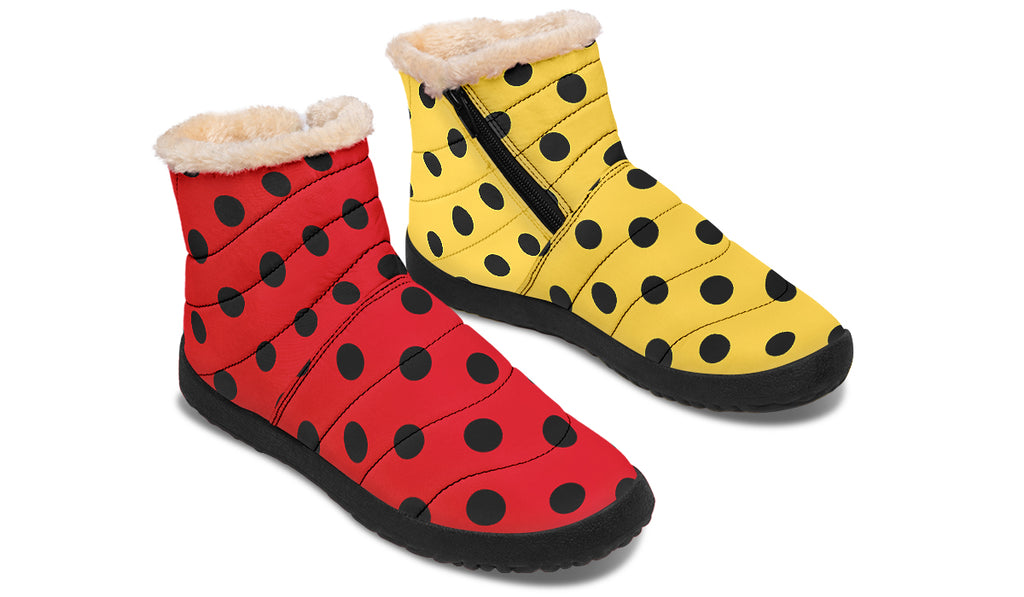 Red And Yellow Mismatched Black Polka Dot Faux Fur Ankle Boots