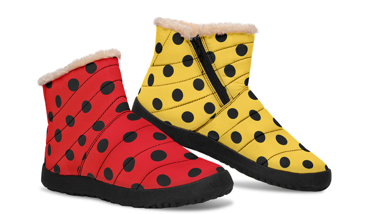 Red And Yellow Mismatched Black Polka Dot Faux Fur Ankle Boots
