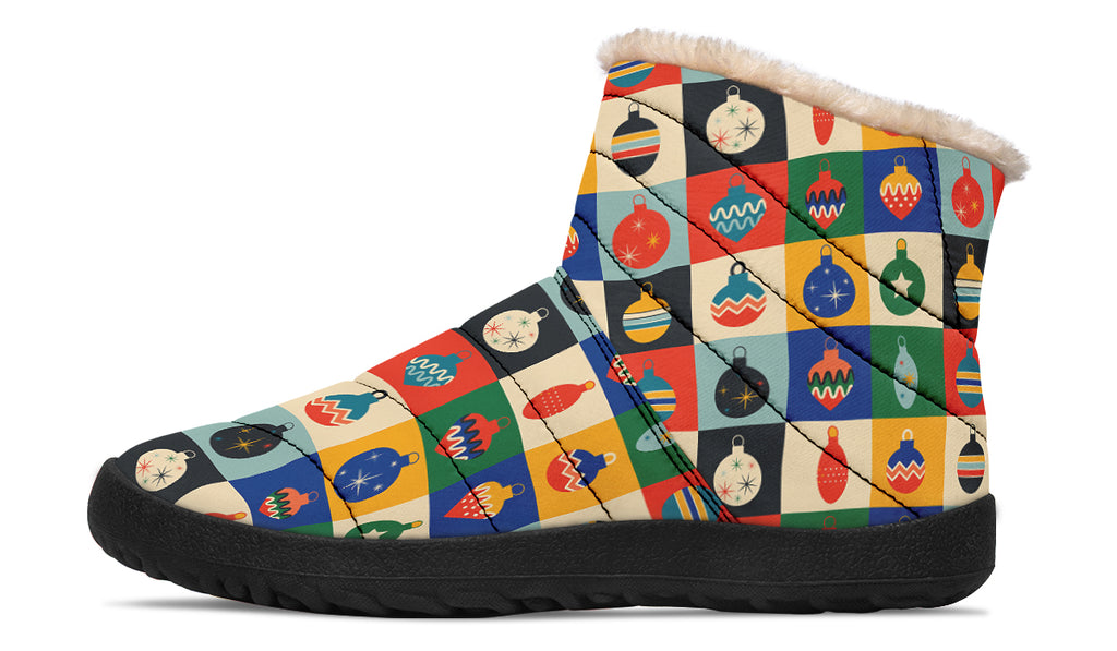 Retro Xmas Baubles Faux Fur Ankle Boots