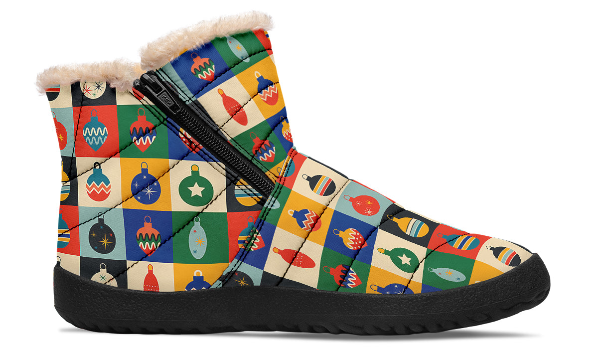 Retro Xmas Baubles Faux Fur Ankle Boots