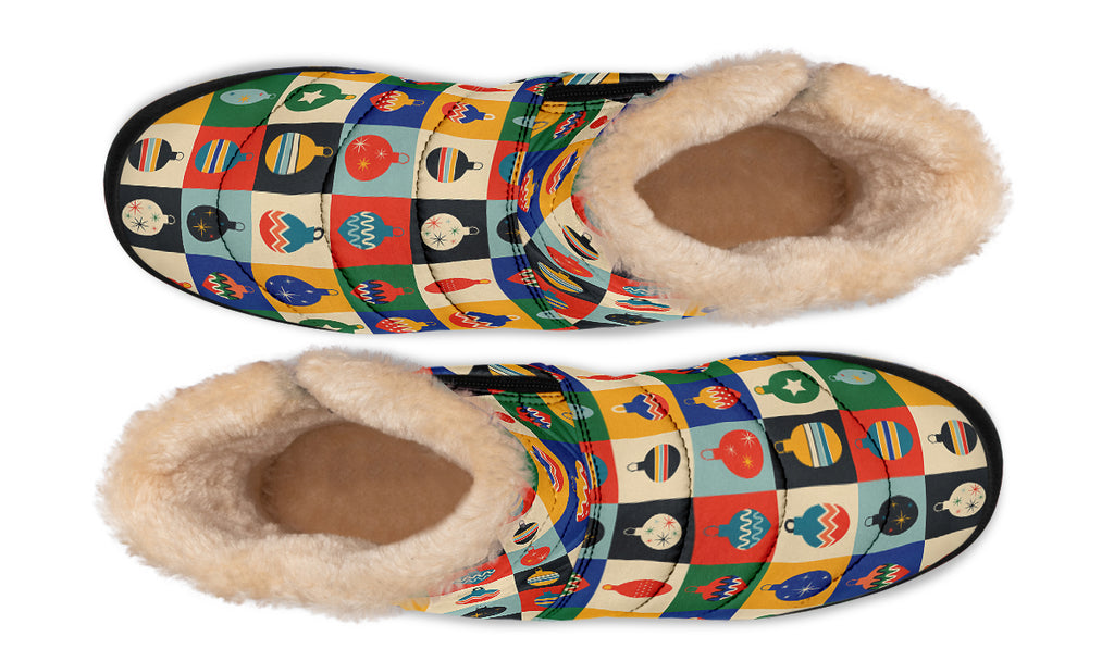 Retro Xmas Baubles Faux Fur Ankle Boots