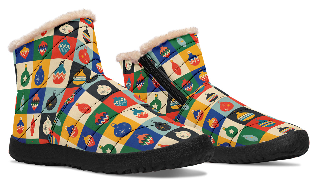 Retro Xmas Baubles Faux Fur Ankle Boots